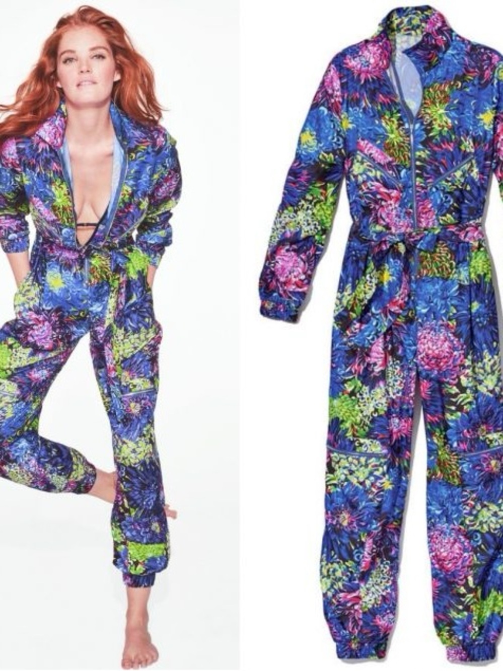 Victoria's Secret x Mary Katrantzou Blue Multi Floral Tie-Waist Jumpsuit
